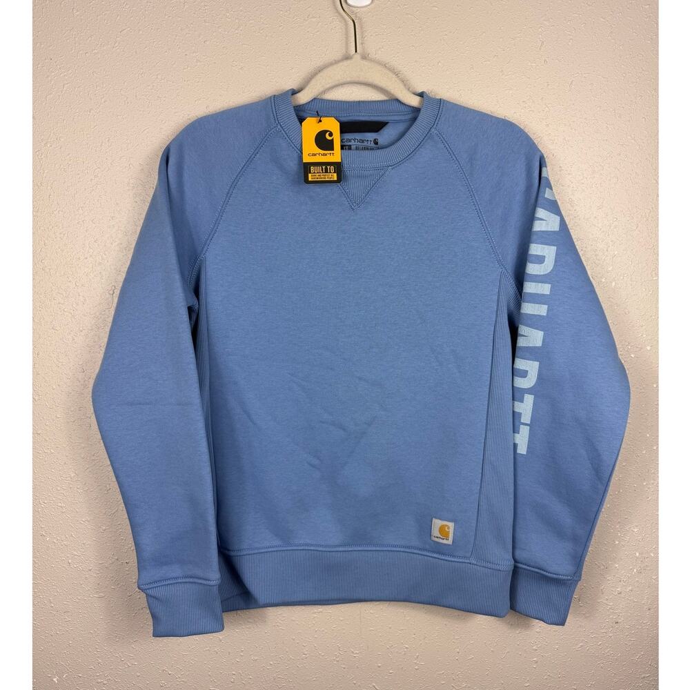 NWT Carhartt Womens Crewneck Block Logo Sleeve Sky Blue Crewneck Size XS
